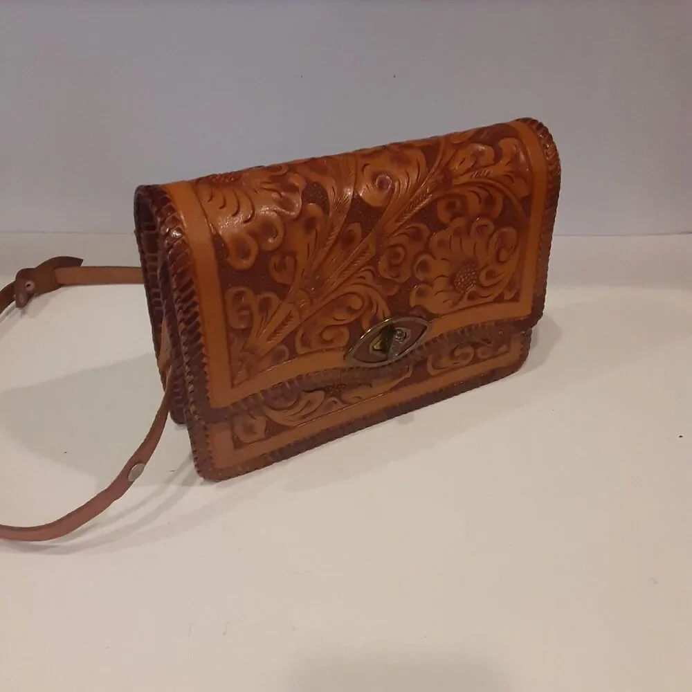 Vintage Hand Tooled Leather Shoulder/Handbag Adjustable Tobacco